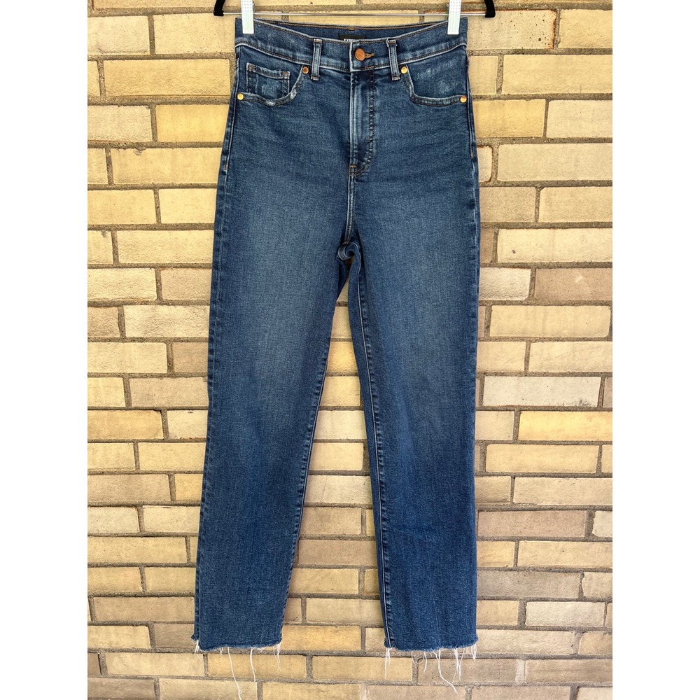 Express Modern Straight Super High Rise Jeans Dark Wash Raw Hem Size 2R